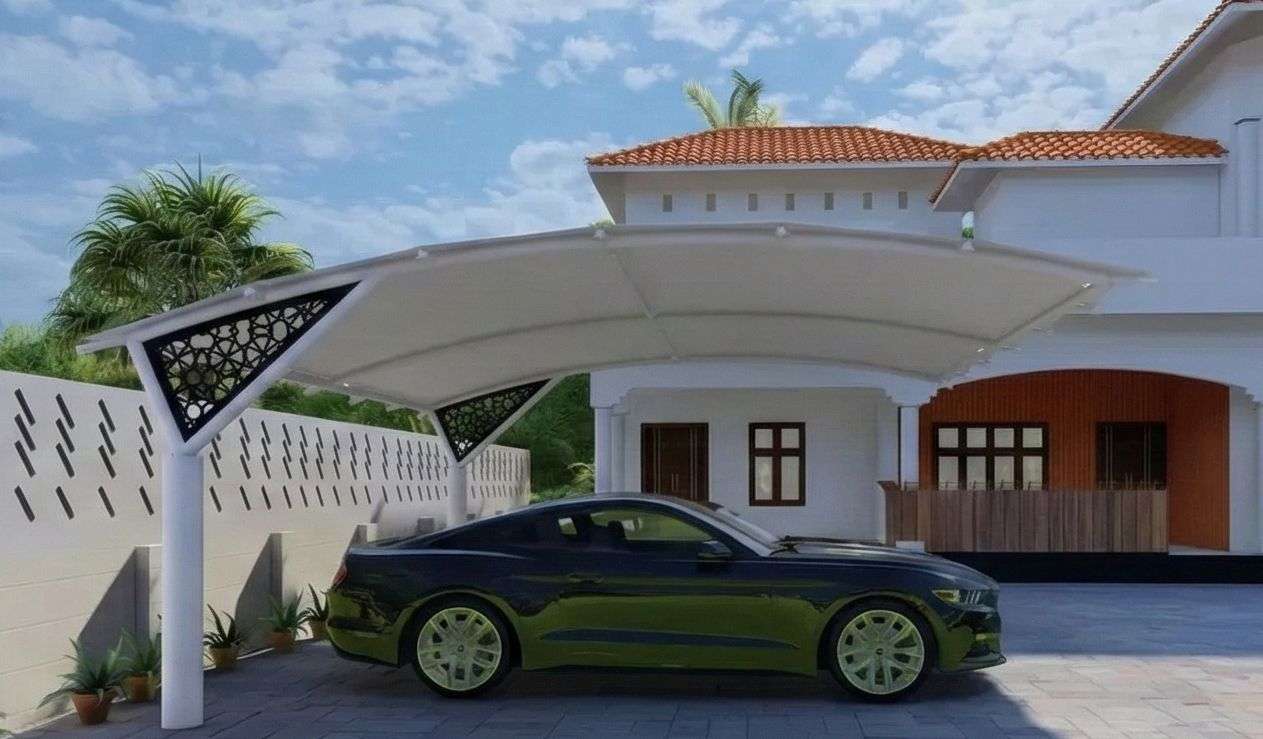 Modern tensile car porch design built in Chavara, Kerala using latest cantilever and roofing styles