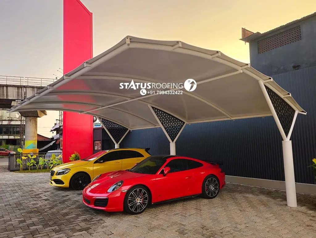 Modern tensile car porch design built in Nedumangad, Kerala using latest cantilever and roofing styles