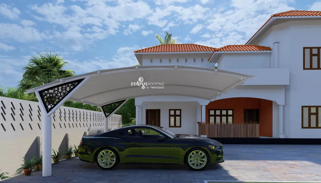 Modern tensile car porch design built in Vaikom, Kerala using latest cantilever and roofing styles